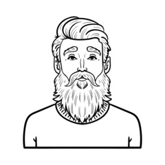 hipster with long beard. Avatar monochrome outline comic.