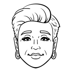woman with earrings and long hair. Monochrome outline comic vector head.