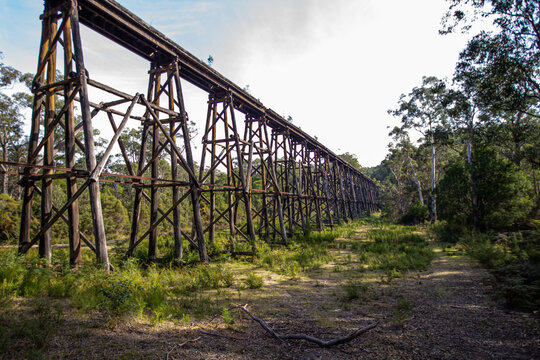 Wooden trestle bridge across a valley in Australia