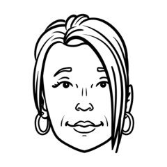 woman with earrings and long hair. Monochrome outline comic vector head.