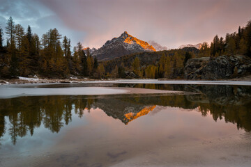 Sasso Moro illuminated by the first sun reflected in the Mufulè lake at dawn, Valmalenco,...