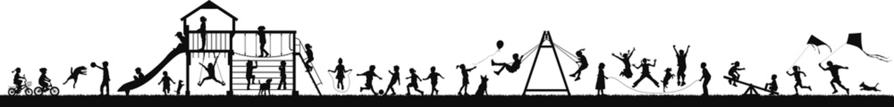 Children girl and boy playing walking and jumping in the park vector silhouette collection