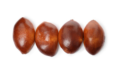 Delicious baked pirozhki on white background, top view