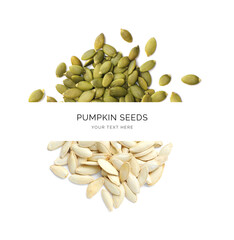 Creative layout made of pumpkin seeds on the white background. Flat lay. Food concept.