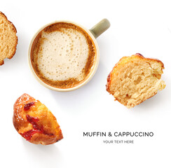 Creative layout made of muffin and cappuccino on the white background. Flat lay. Food concept.