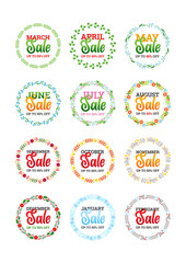 Obraz premium Set of sale badges. Discount text for every month of the year on a circle background with a beautiful floral wreath. Vector 10 EPS.