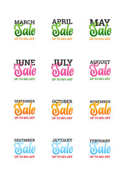 Set of sale badges. Discount text for every month of the year isolated on a white background. Vector 10 EPS.