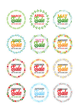 Set of sale badges. Discount text for every month of the year on a circle background with a beautiful floral wreath. Vector 10 EPS.