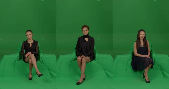 GREEN SCREEN CHROMA KEY Front view of female woman spectators wearing formal attire watching performance on stage. Crowd replication for theater, opera, ballet. Unkeyed chairs to keep shadows