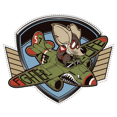 Mouse flying on a war airplane inside a coat of arms. Warplane pilot mouse on a plane painted with an angry face.