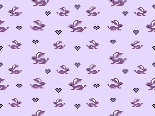 Rabbit cartoon character seamless pattern on purple background.Pixel style
