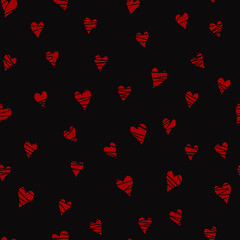 Fototapeta na wymiar Simple hearts seamless pattern. Valentines day background. Flat design endless chaotic texture made of tiny heart silhouettes. Shades of red. Read hearts at black background