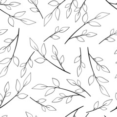 Black contour leaves seamless pattern on white background. Сover for eco, organic, vegan design.