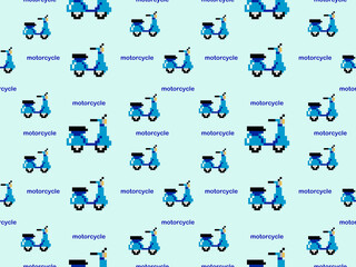 Motorcycle cartoon character seamless pattern on blue background.Pixel style