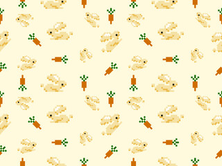 Rabbit and carrot cartoon character seamless pattern on yellow background.Pixel style