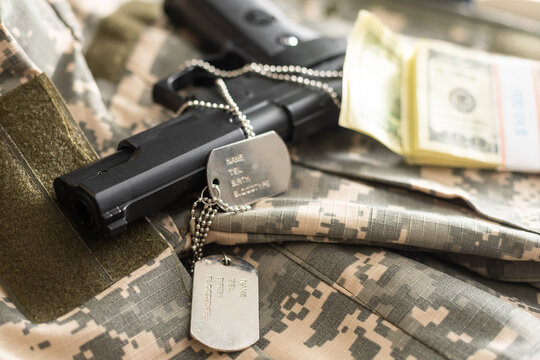US Army uniform, US military concept. gun,
