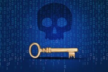 ransomware virus on a computer with an encrypt key icon and binary code illustration on a background
