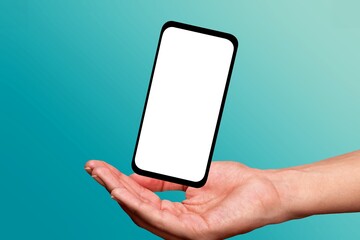 The palm of the hand supports the floating smart phone, with  a blank screen