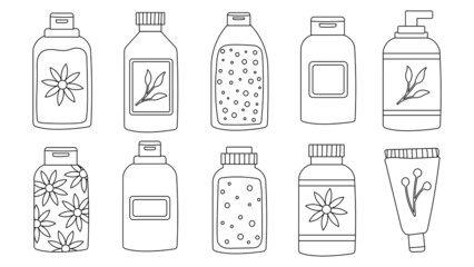  A set of bottles and tubes of cosmetics, jars for skin care with face, hair and body cream. Trendy style for postcard, banner, wrapping paper template. Vector illustration editable stroke.