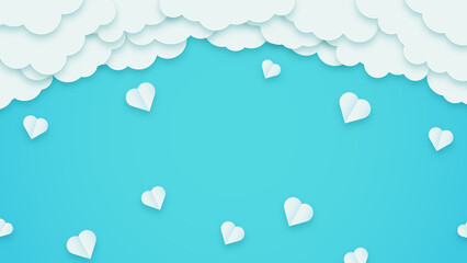 Happy Valentine's Day banner. Holiday turquoise background design with clouds and hearts. Space for text