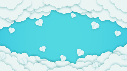 Happy Valentine's Day banner. Holiday turquoise background design with clouds and hearts. Space for text