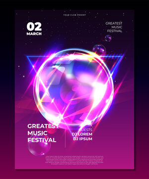 Electronic Music Festival Poster Mockup. Electro Party Flyer. Fluid Color Cover. Vector Illustration Of Abstract Gradient Liquid Bubble Shape. Club Invitation Template. Modern Design