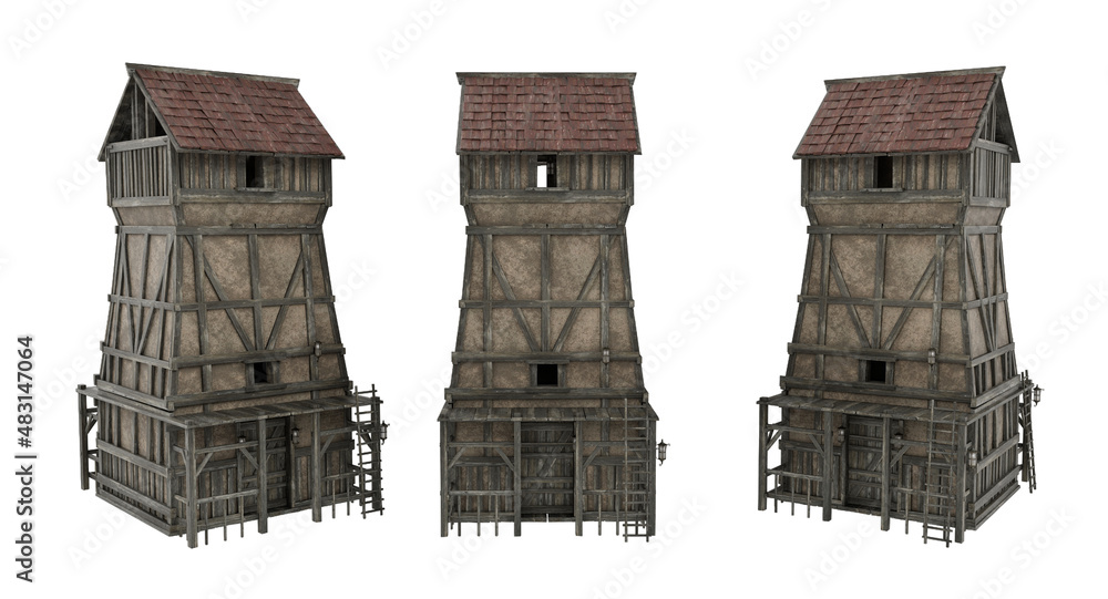 Poster Square medieval look out tower with view platform at top. 3D rendering with 3 views isolated on white.