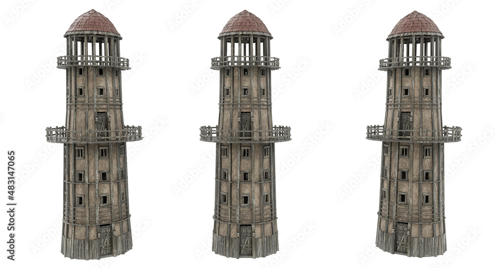 Poster medieval round watch tower with lookout balcony. 3d illustration with 3 different angles isolated on