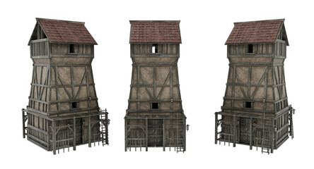 Square medieval look out tower with view platform at top. 3D rendering with 3 views isolated on white. - obrazy, fototapety, plakaty