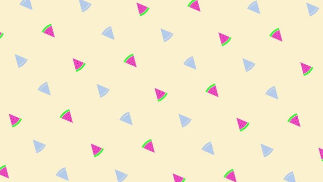 Colorful pattern of watermelon slices on orange background. Seamless pattern with watermelon slices. Top view. Summer concept. 4K video motion