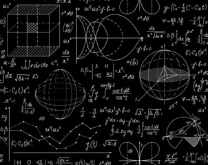 Math scientific vector seamless background with handwritten formulas and calculations