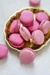 Pink French Macarons on Gold Plate, Valentine's Day Dessert, Fancy Dessert