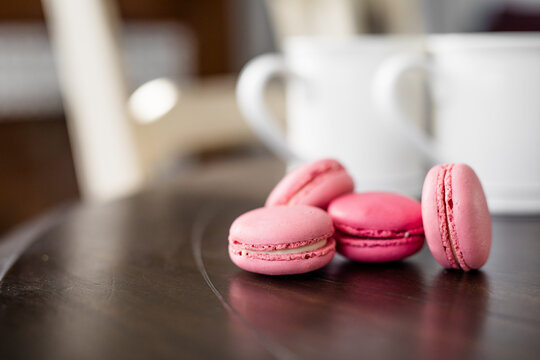 Pink French Macarons On Table, White Coffee Cups, Valentines Date, At Home Valentines Date, Valentine's Day Dessert, Fancy Dessert