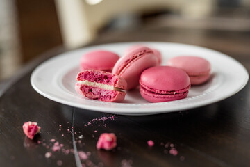 Pink French Macarons on Table, White Coffee Cups, Bite, Valentines Date, At Home Valentines Date, Valentine's Day Dessert, Fancy Dessert