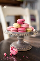 Colorful Pink and Yellow French Macarons on Wood Dessert Stand, Fancy Dessert, Dessert Display