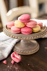 Colorful Pink and Yellow French Macarons on Wood Dessert Stand, Fancy Dessert, Dessert Display