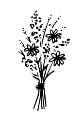 Hand drawn simple floral vector sketch in black outline. Cute beautiful spring-summer bouquet with daisies. For the festive seasonal design of cards, invitations on March 8, mother's day, birthday.