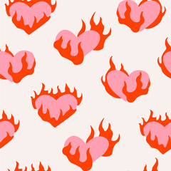 Seamless pattern with flaming hearts. Vector abstract background. Heart burning in fire. Valentine's day. For textile, prints, posters. © Felizabeth