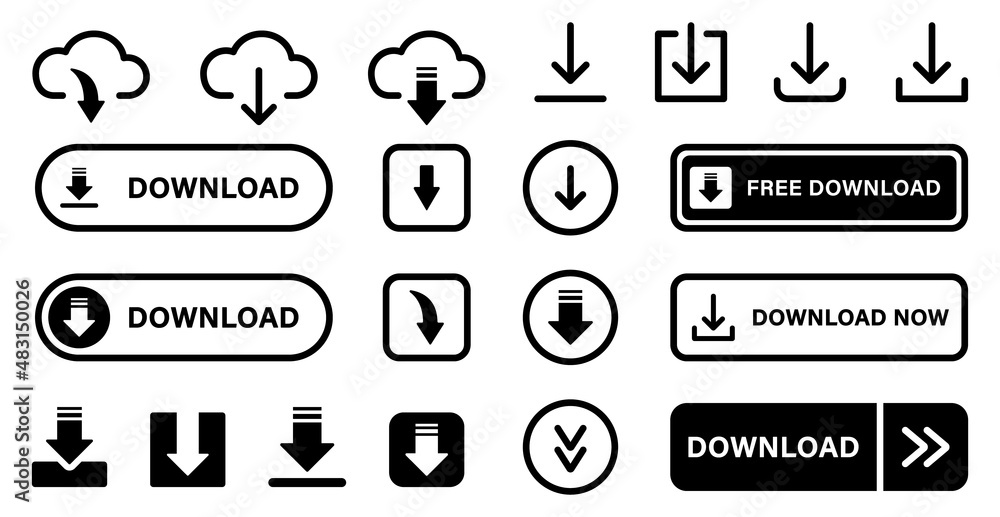 Poster download button line and silhouette icon set. down load web app, file, video, document pictogram. cl
