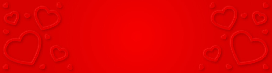 3D bright red hearts with soft shadow. Horizontal banner with blank center. Abstract romantic background. Valentine nubes. Elegant wedding BG. Beautiful valentine's day greeting card. Luxury template