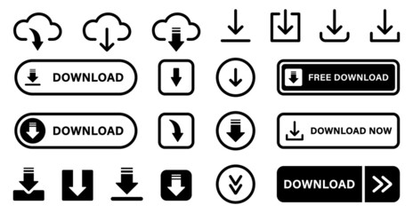 Download Button Line and Silhouette Icon Set. Down Load Web App, File, Video, Document Pictogram. Cloud, Circle, Arrow Down Upload Concept Symbol. Editable Stroke. Isolated Vector Illustration