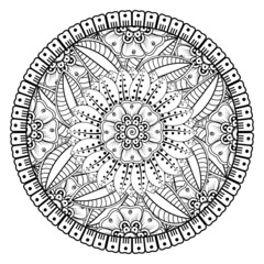Circular pattern in form of mandala for Henna, Mehndi, tattoo, decoration. Decorative ornament in ethnic oriental style. Coloring book page.