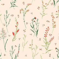 Colorful vector texture. Blossom floral seamless pattern. Blooming botanical motifs scattered random. Fashion, ditsy print, fabric. Hand drawn different wild meadow flowers on polka dot pink backgroud