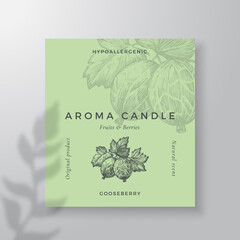 Aroma candle vector label template. Gooseberry berry scent from local purveyors advert design. Ink style sketch background layout decor Natural smell product package text space