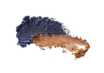 Eye shadow shimmering matte multi colored navy blue purple golden brown nude palette texture background white isolated 
