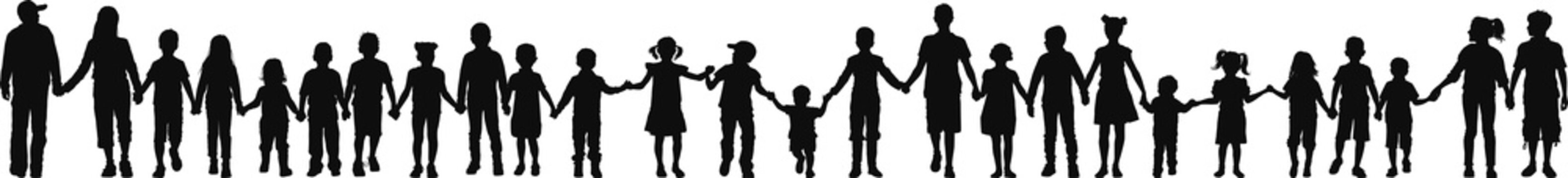 Group of children walking together hand in hand vector silhouette collection 