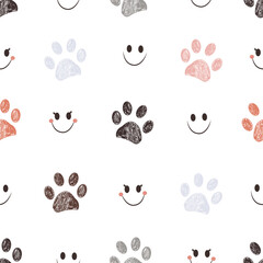 Doodle paw prints with smiling face seamless fabric design pattern and background