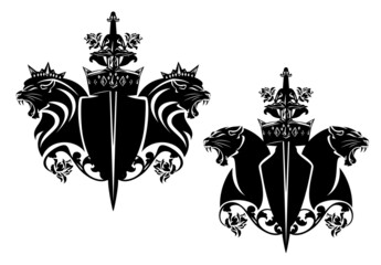 two lion heads and pair of panthers with heraldic shield, king crown, knight sword and rose flowers decor - medieval style black and white vector royal coat of arms design set