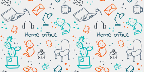 seamless pattern with doodles on a home office theme isolated on a white background. seamless background, pattern on the theme of quarantine and self-isolation at home. Vector illustration