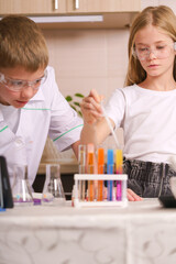 a boy and a girl perform a chemistry lesson in the kitchen online . Laboratory work at home....